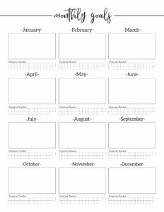 Monthly goals worksheed with space to make a new goal each month and track your progress toward that goal. 