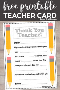 Printable teacher thank you note with pencil decorations with text overlay- free printable teacher card.