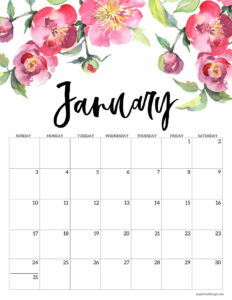 January 2021 Floral Calendar page with pink flowers