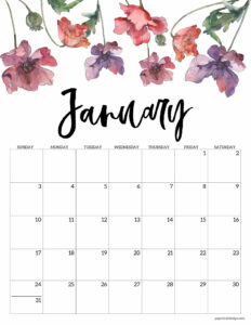 January 2021 calendar page with purple flowers