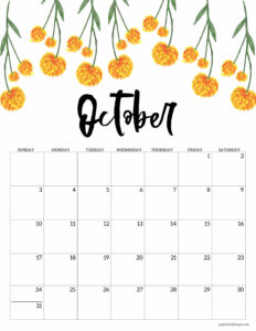 October 2021 Floral Calendar page with yellow orange flowers