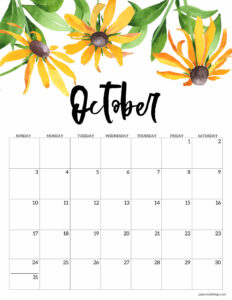 October 2021 calendar page with yellow flowers