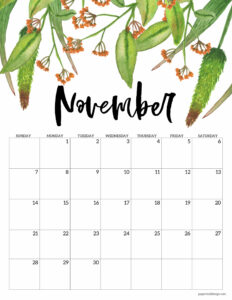 November 2021 Floral Calendar page with orange flowers