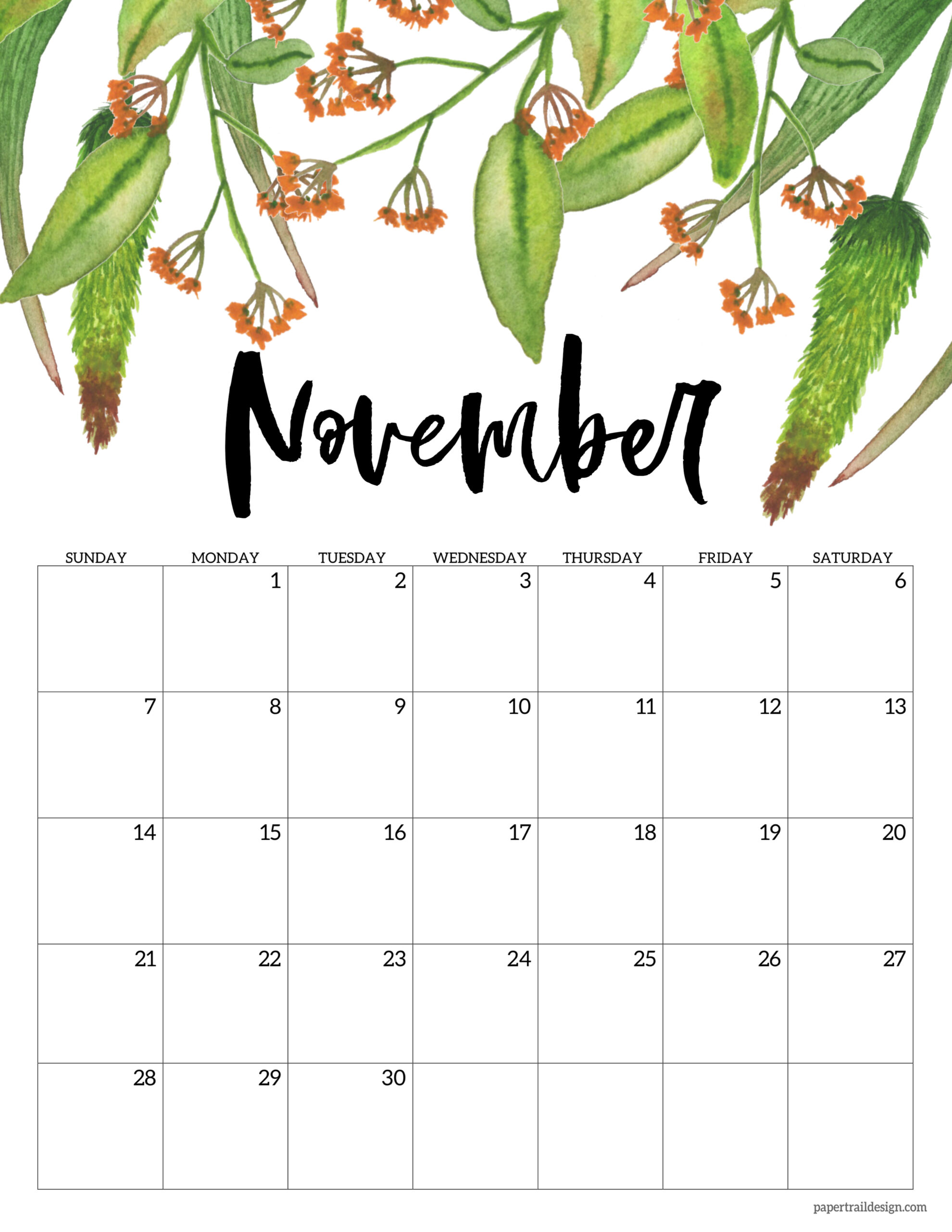 cute november 2021 calendar printable Free Printable 2021 Floral Calendar Paper Trail Design cute november 2021 calendar printable