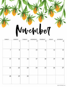 November 2021 calendar page with orange flowers