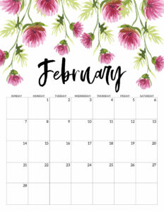 February 2021 Floral Calendar page with pink flowers
