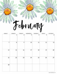 February 2021 calendar page with white daisy flowers