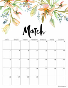 March 2021 Floral Calendar page with orange and blue flowers