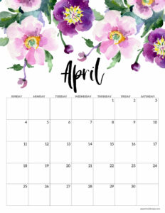 April 2021 Floral Calendar page with purple flowers 