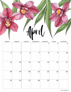 April 2021 calendar page with pink orchid flowers