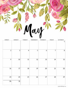May 2021 Floral Calendar page with pink flowers