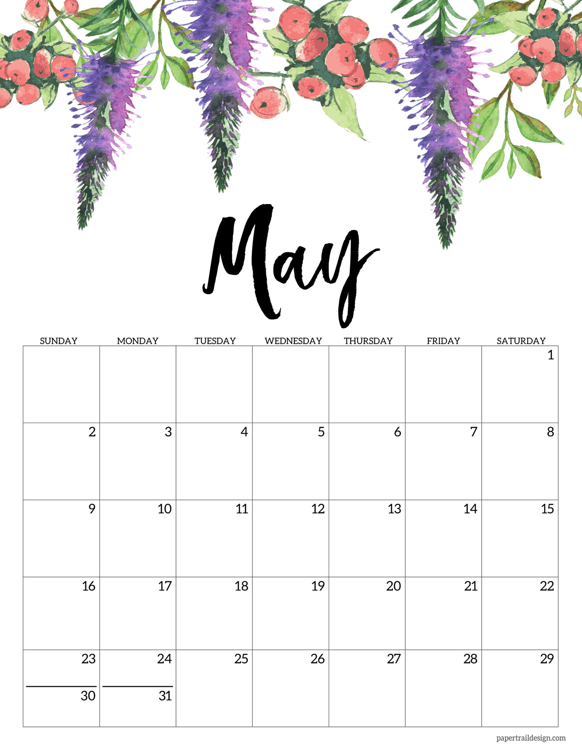 Free Printable Calendar 2021 Floral Paper Trail Design