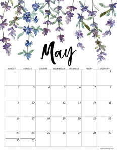 May 2021 calendar page with purple lavendar flowers