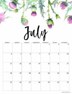 July 2021 calendar page with pink thistle flowers