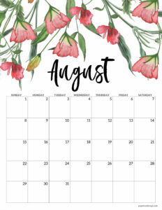 August 2021 Floral Calendar page with pink flowers