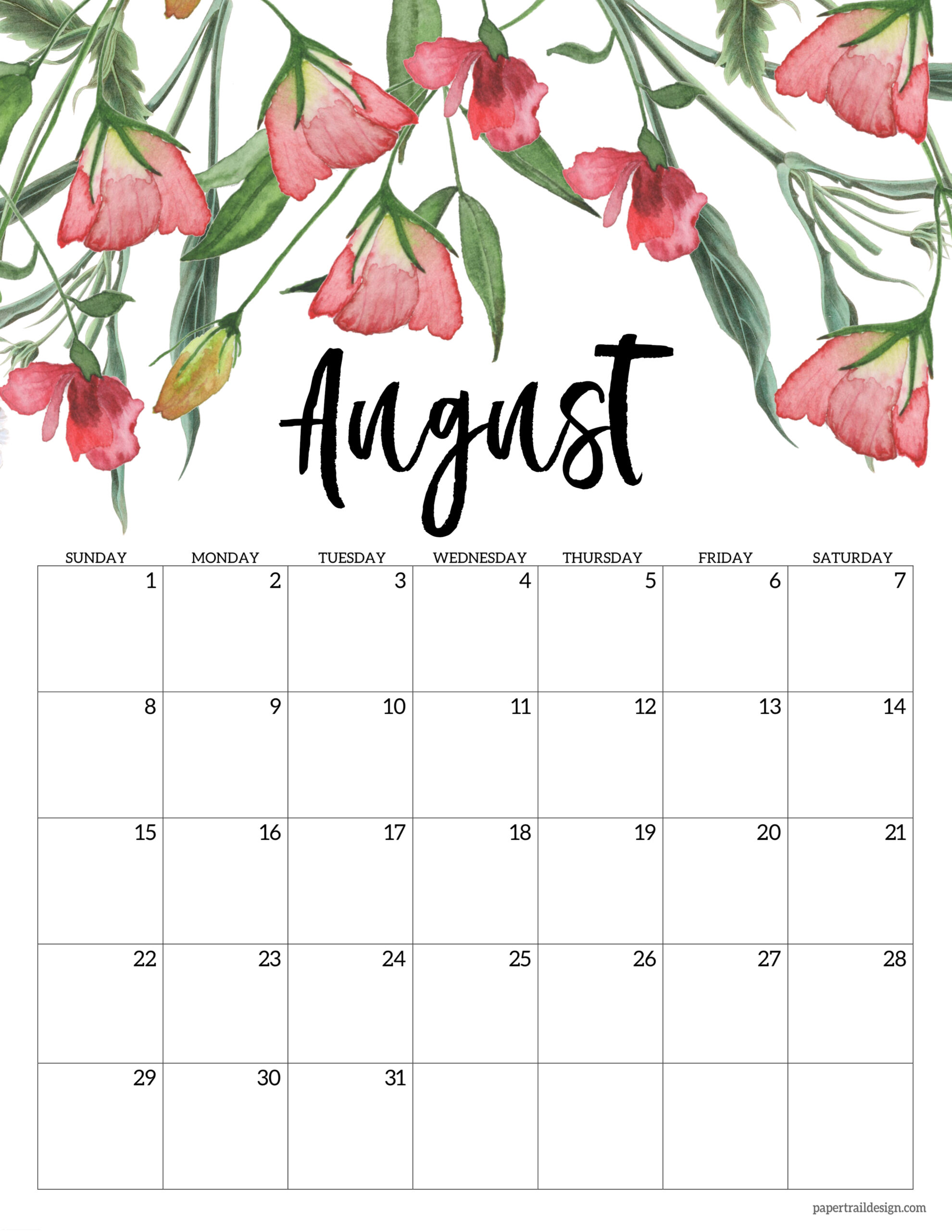 august 2021 calendar floral Free Printable 2021 Floral Calendar Paper Trail Design august 2021 calendar floral