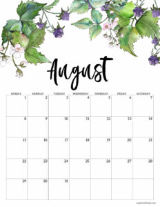 August 2021 calendar page with white and purple blackberries and blossoms