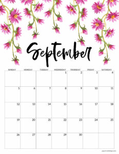 September 2021 Floral Calendar page with pink flowers