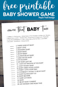 Name that baby tune game on wood background with text overlay- free printable baby shower game.