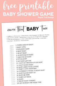 Name that baby tune game with text overlay- free printable baby shower game.