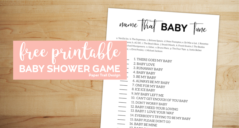 Name that baby tune game on wood background with text overlay- free printable baby shower game. 