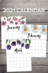 2021 floral January, February, and March calendar pages from January to December with text overlay- free printable 2021 calendar