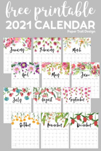 2021 Calendar pages with flower decor from January to February with text overlay- free printable 2021 calendar