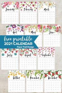 2021 Calendar pages with flower decor from January to February with text overlay- free printable 2021 calendar