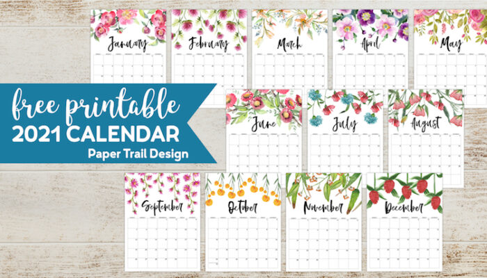2021 Calendar pages with flower decor from January to February with text overlay- free printable 2021 calendar