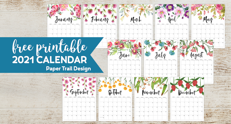 2021 Calendar pages with flower decor from January to February with text overlay- free printable 2021 calendar