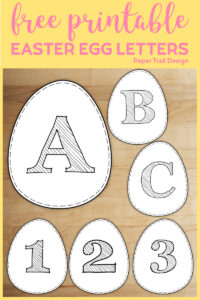 Six white Easter Eggs with letters A,B,C and numbers 1,2,3 written on them with text overlay- free printable Easter Egg Letters.