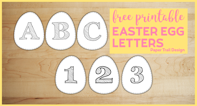 Six white Easter Eggs with letters A,B,C and numbers 1,2,3 written on them with text overlay- free printable Easter Egg Letters.