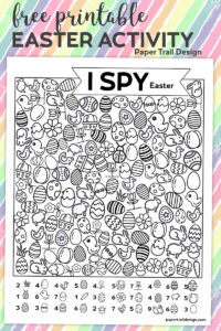 Printable Easter themed I spy activity on a pastel background with text overlay- free printable Easter activity.