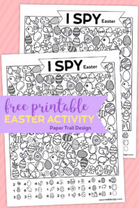Easter themed I spy activity on a pink background with text overlay- free printable Easter activity.