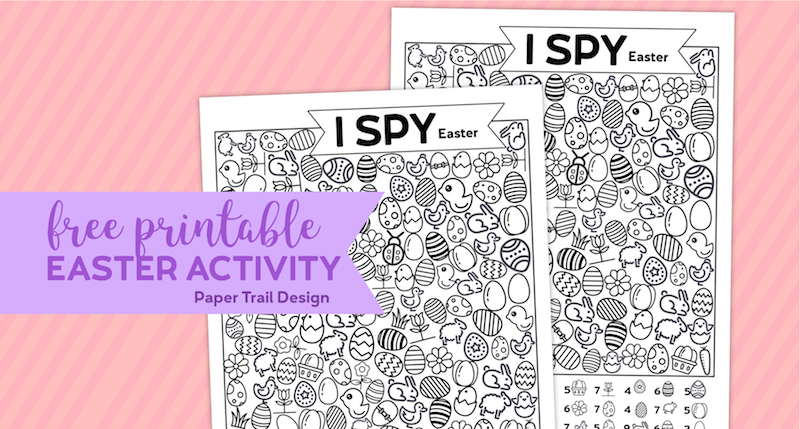 Easter themed I spy activity on a pink background with text overlay- free printable Easter activity.
