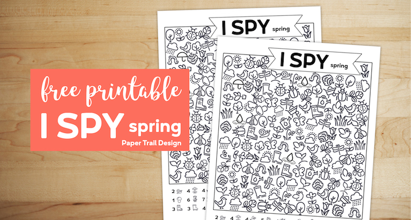 I Spy spring themed game on wood background with text overlay- free printable I spy spring.