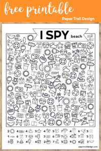 Beach themed I spy activity on sand border with text overlay- free printable