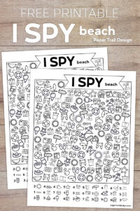 I spy beach activity page with beach images to find with text overlay- free printable I spy beach