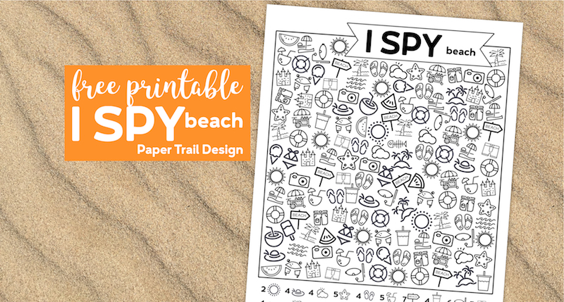 I spy beach themed kids activity on sand background with text overlay free printable I spy beach