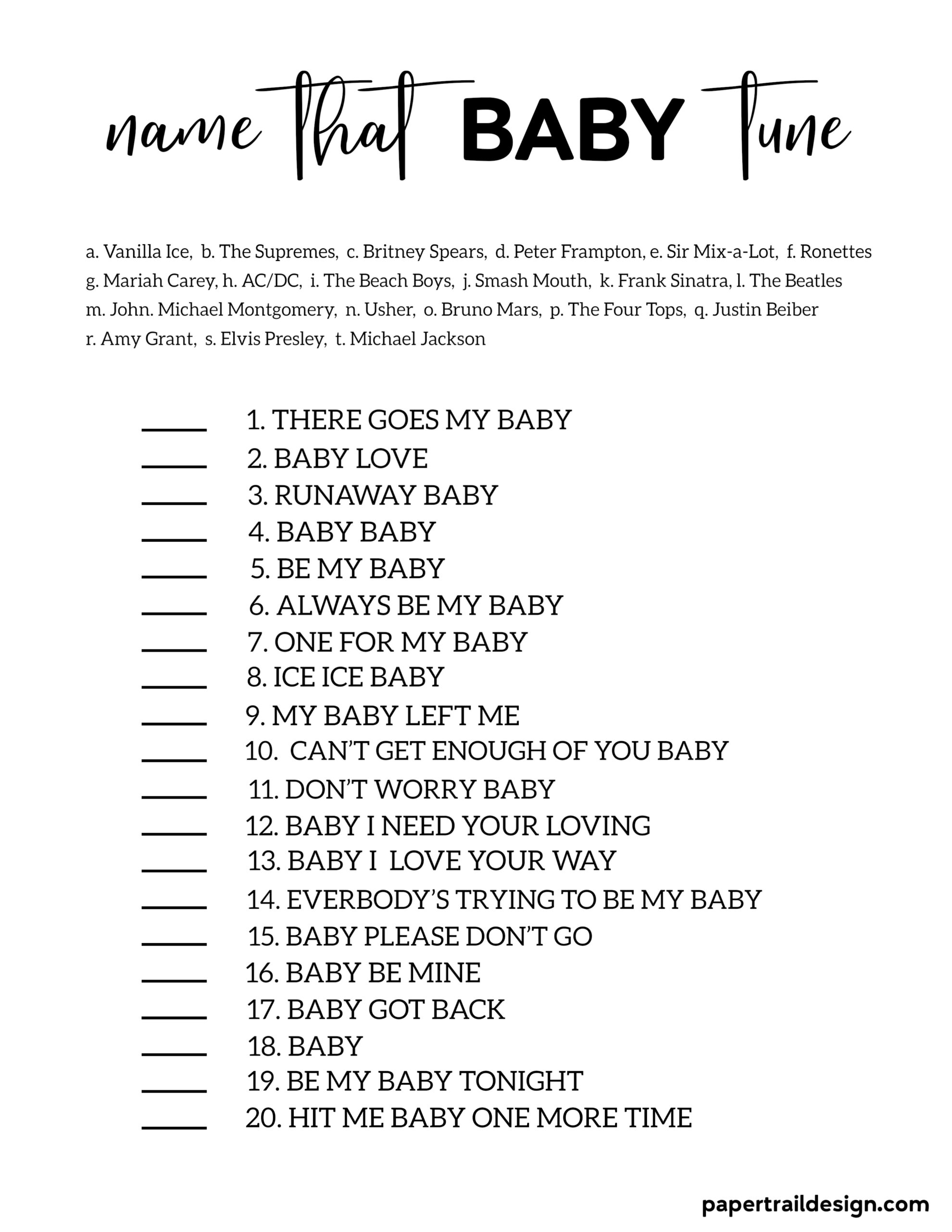 Name That Tune Baby Shower Game | Paper Trail Design