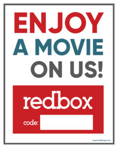 Printable card with text- enjoy a movie on us, redbox code