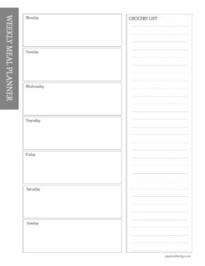 Meal planner with a box to plan a meal for each day of the week and a column on the right to write your groceries.