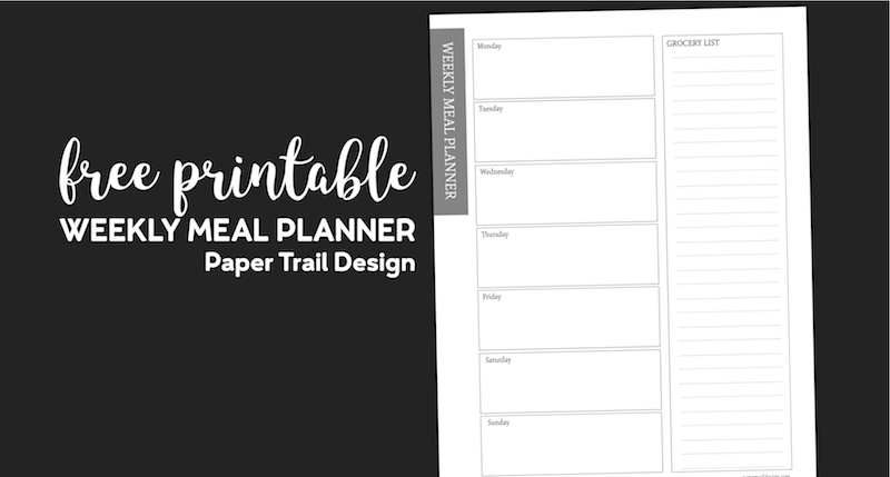 Meal plan printable with a space for each day of the week and a column to write your grocery list with text overlay- free printable weekly meal planner