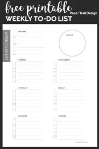 To-do list for each day of the week and a place to write goals with text overlay- free printable weekly to do list