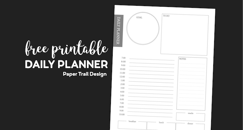 Planner page including goals, notes, to-do, meal planning, and daily schedule with text overlay free printable daily planner