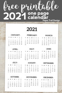 Full 2021 calendar on one page with text overlay - free printable one page calendar
