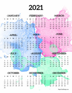 2021 year at a glance on page calendar from January to December with pink, blue, and green watercolor overlay