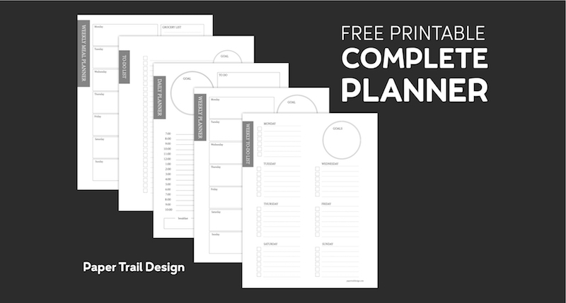 Five Planner pages on a black background with text overlay- free printable complete planner