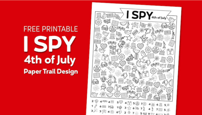 4th of July themed I spy page on a red background with text overlay- free printable I spy 4th of July