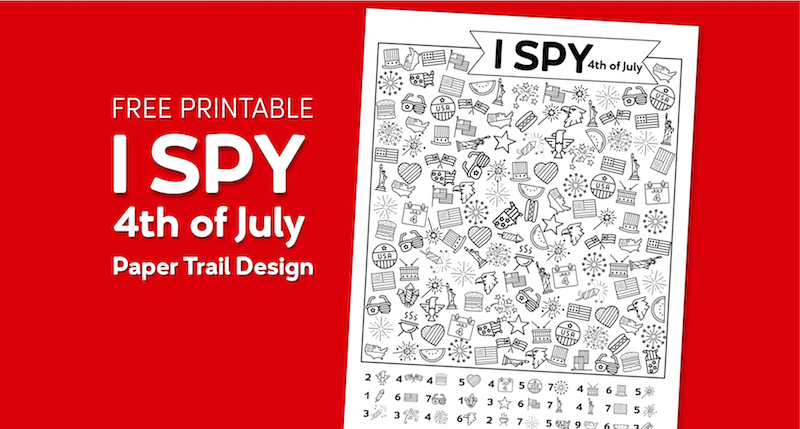 4th of July themed I spy page on a red background with text overlay- free printable I spy 4th of July